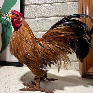 Realistic Rooster Figurine Real Feathers   Farmhouse Country Decor